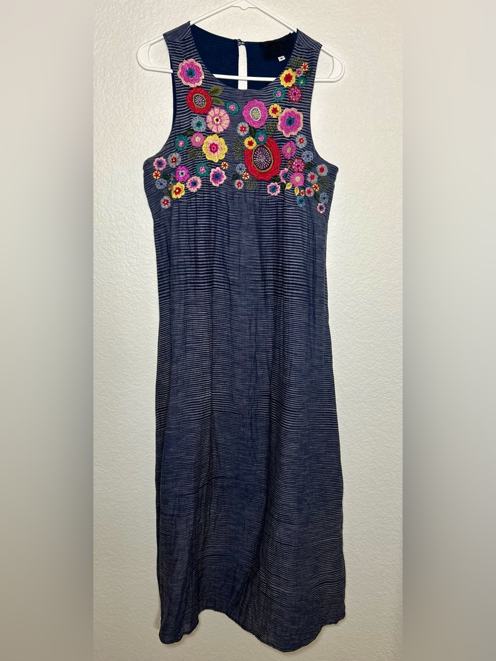 DUET Floral Embroidered Striped Cotton Maxi Dress Size M Boho
